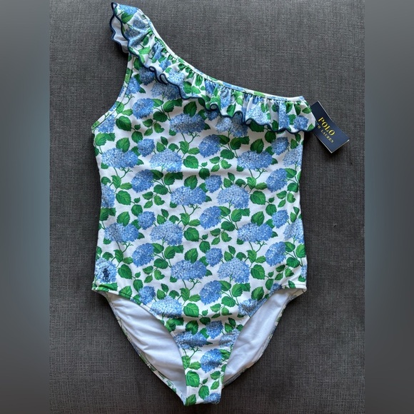 NWT girls Polo Ralph Lauren Floral ruffle One-Shoulder Swimsuit, size 16 - Picture 1 of 6